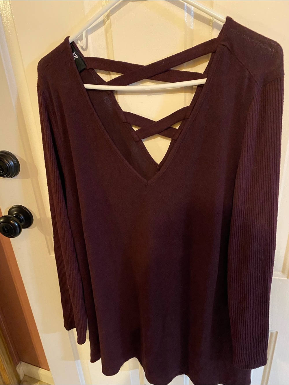 Crisscross V-Neck Long Sleeve Top - Deep Wine